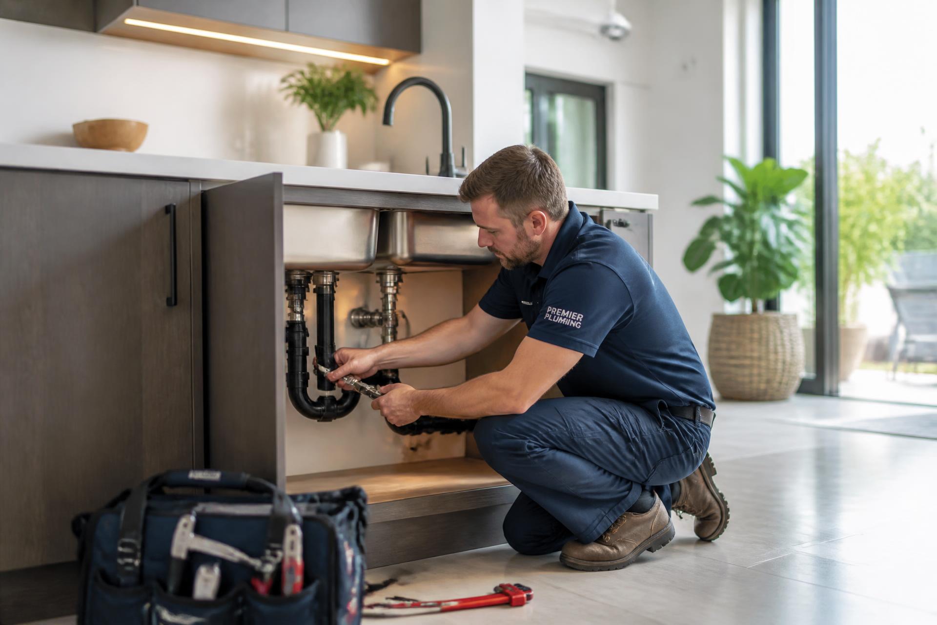 Johnson Plumbing technician repairing pipework under a modern kitchen sink